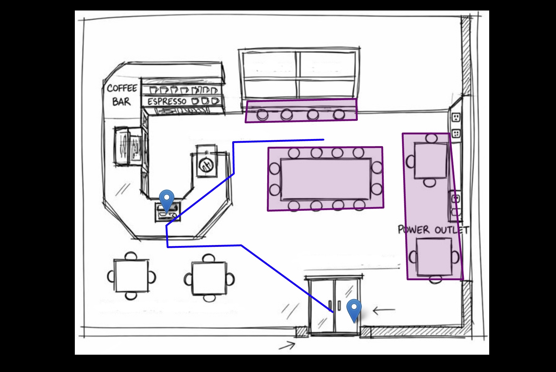 Screenshot of the highlighted map of the coffeeshop as displayed in the tool environment